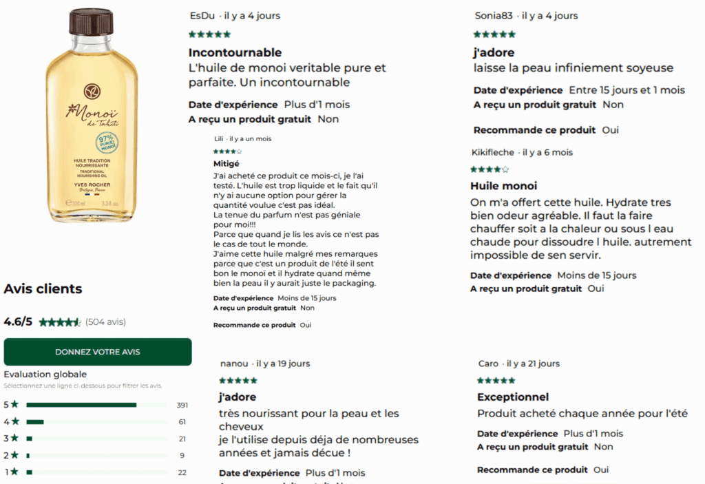 avis des clients sur l'huile de monoï yves rocher