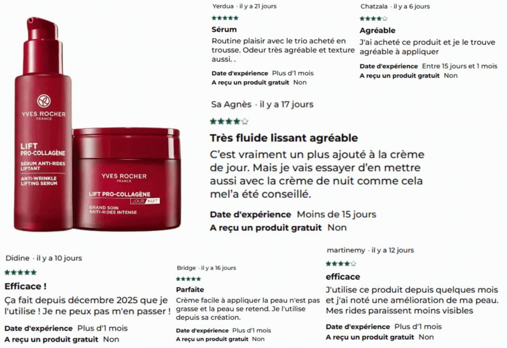 avis des clients sur lift pro-collagène yves rocher