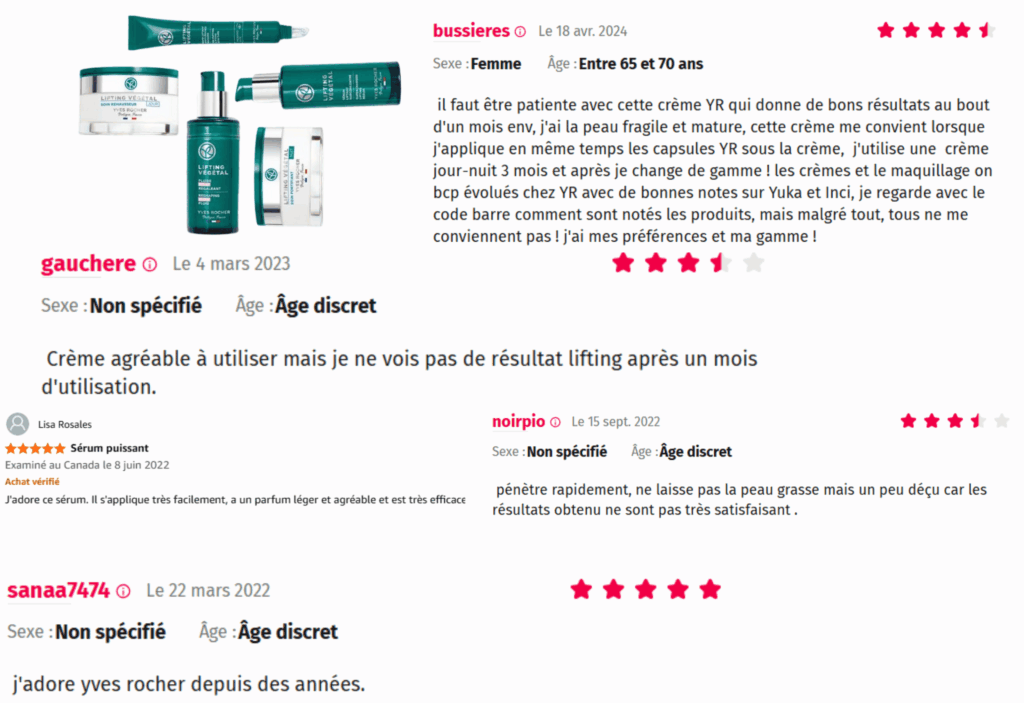 avis des clients sur lifting végétal yves rocher
