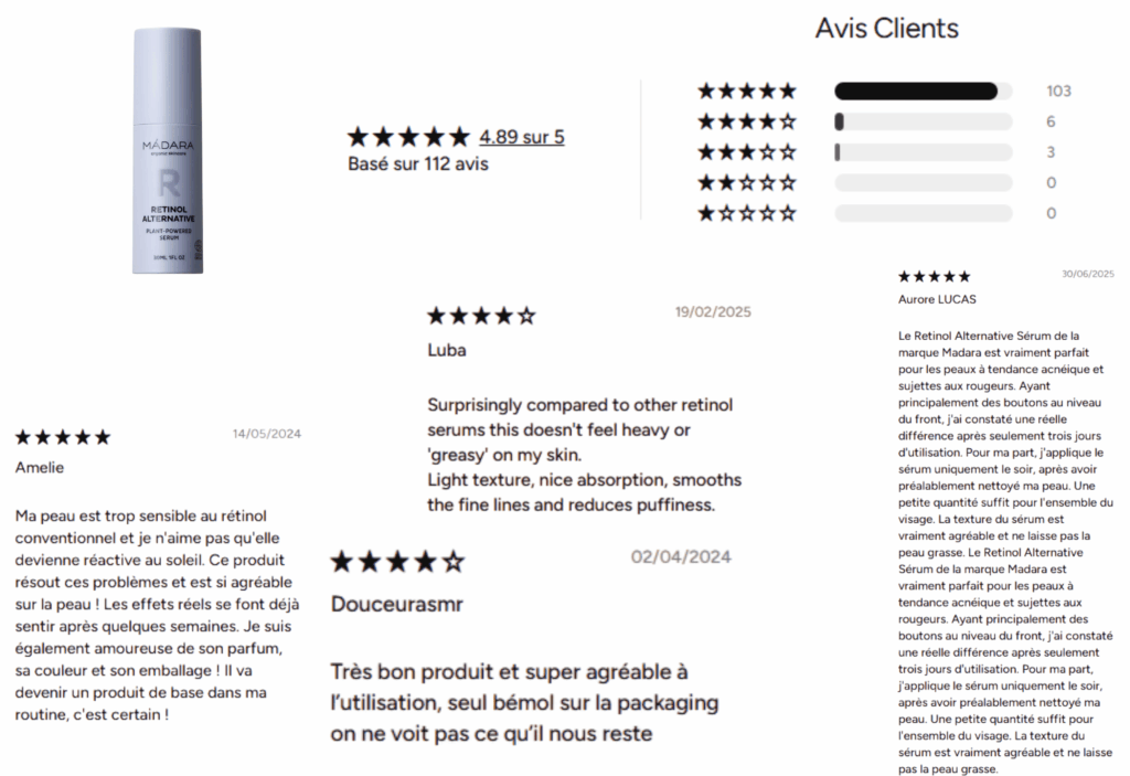 avis des clients sur madara retinol alternative