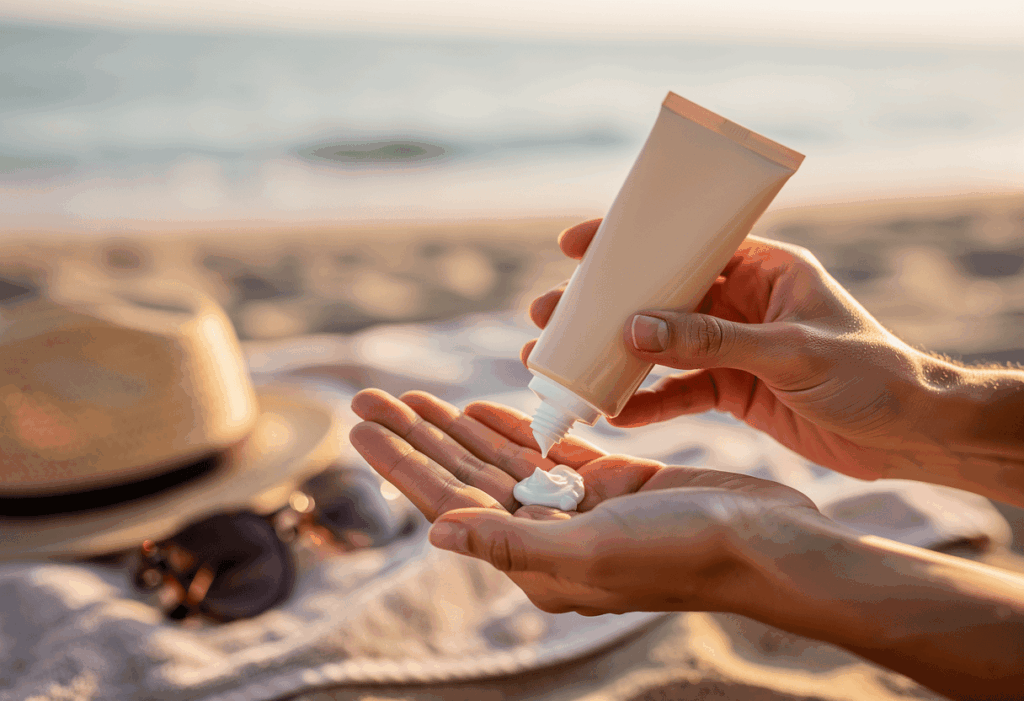crème solaire yves rocher posé sur une serviette de plage