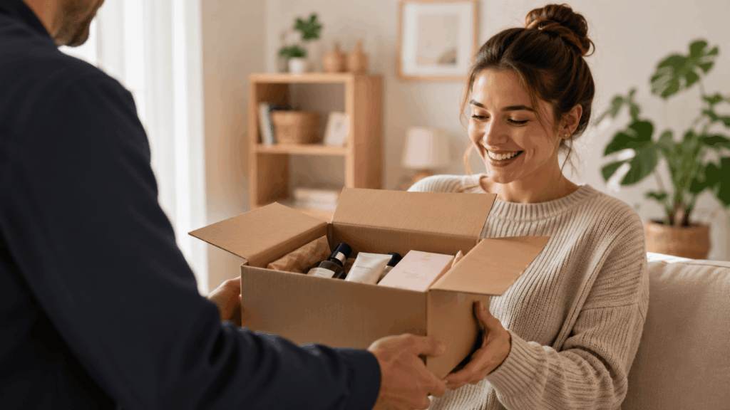 jeune femme souriante recevant un colis de produits Flaconi