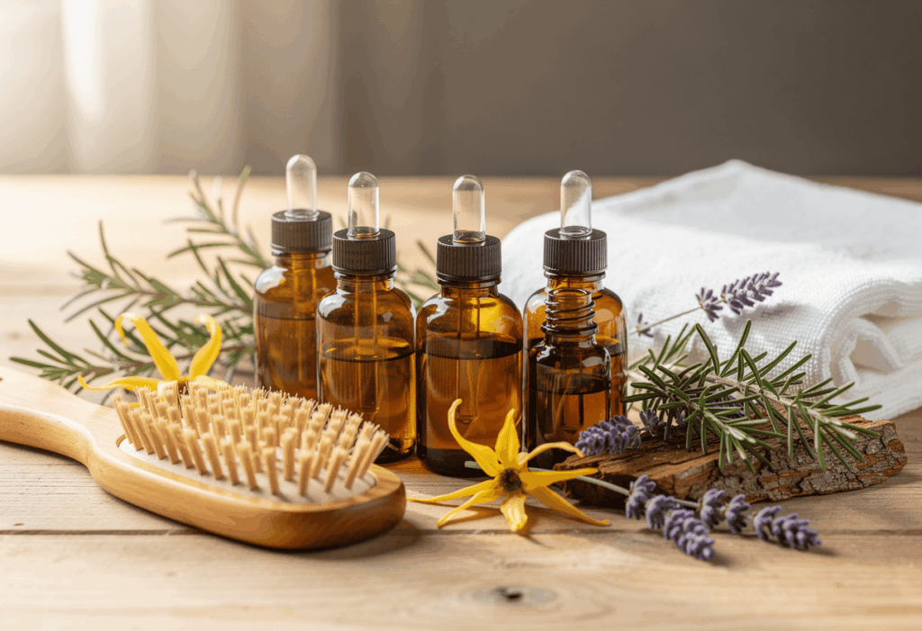 plusieurs flacons des huiles essentielles pour les cheveux