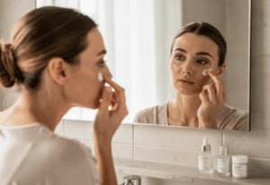 une femme appliquant délicatement une crème de contour des yeux yves rocher