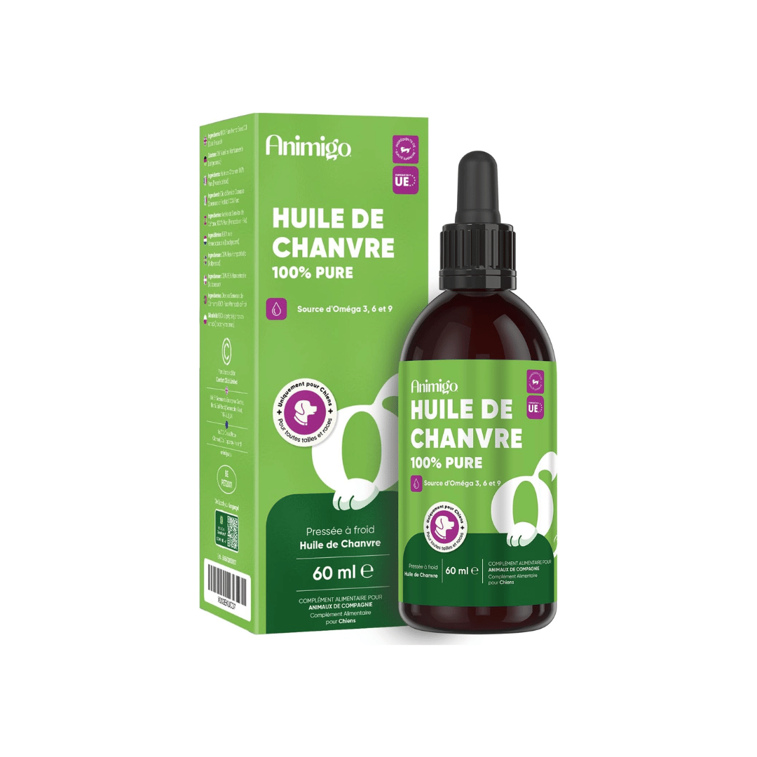 Animigo huile de graines de chanvre chien 60 ml pressée à froid oméga 3 6 9 vitamines