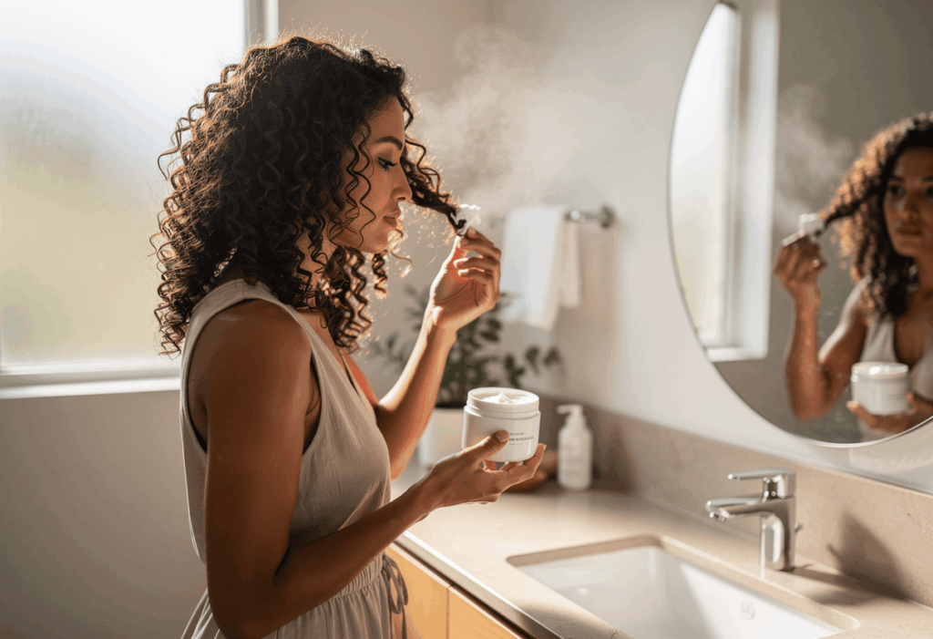 Application de la crème sur des cheveux bouclés