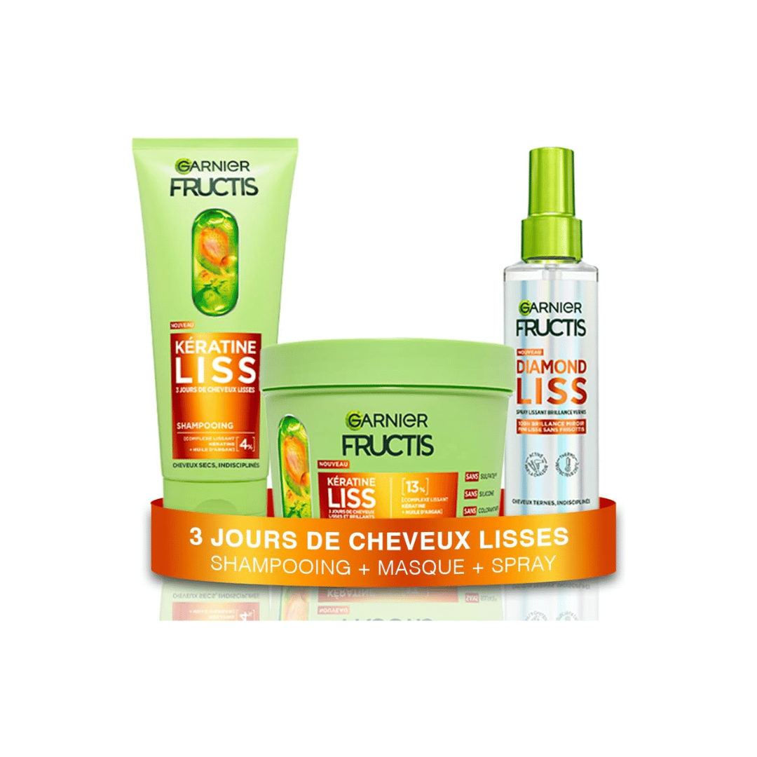 Garnier Fructis Kératine Liss routine 3 produits lissage anti-frisottis protection chaleur
