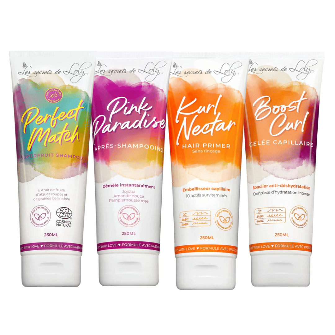 Secrets de Loly routine curly complète cheveux bouclés kit shampooing masque leave-in gelée