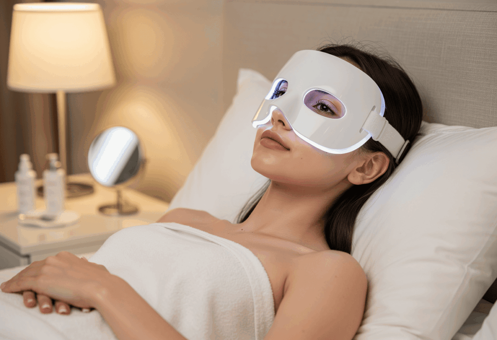 Une femme d'environ 35 ans porte un masque LED de luminothérapie inspiré du modèle CurrentBody