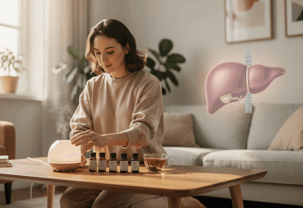 Une personne préparant une séance d'aromathérapie dans un intérieur lumineux