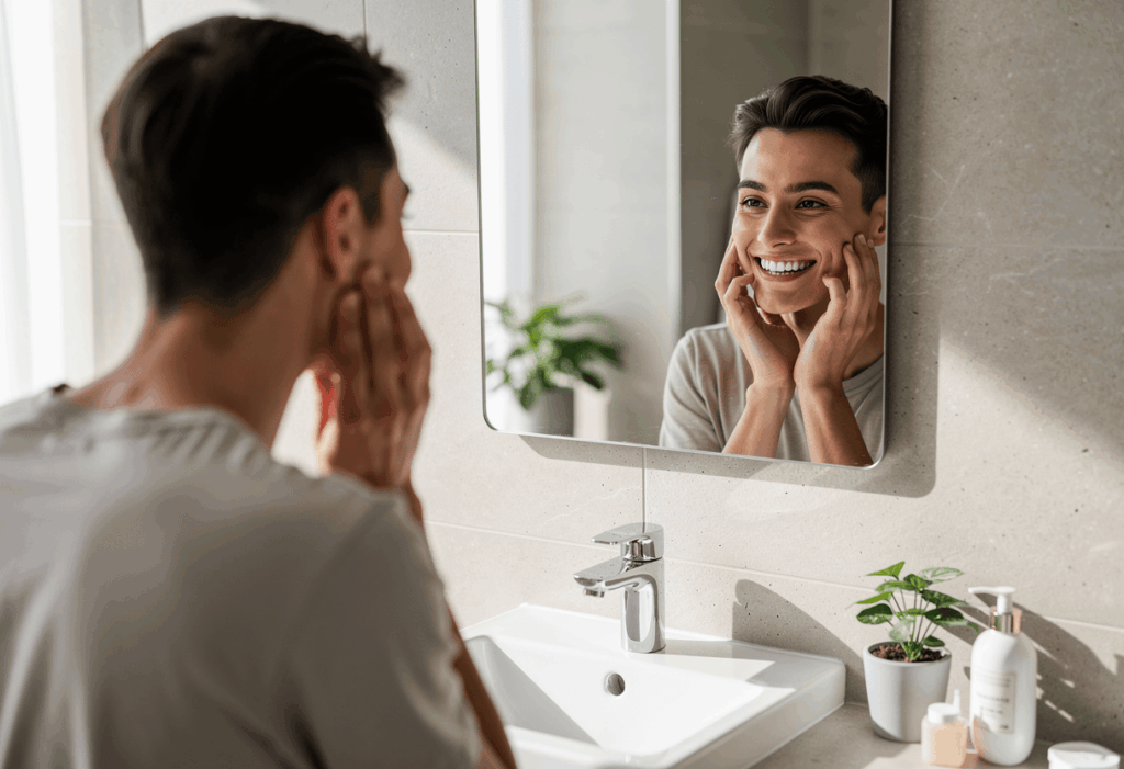 Une personne souriante observant son sourire dans un miroir