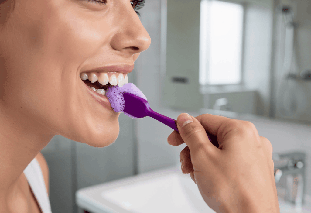 Une personne souriante se brossant les dents avec HiSmile V34