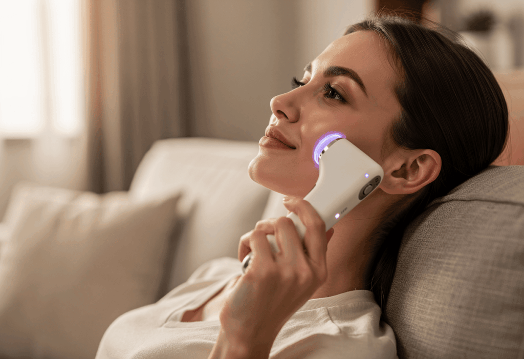 Une personne utilisant un appareil de radiofréquence pour le visage
