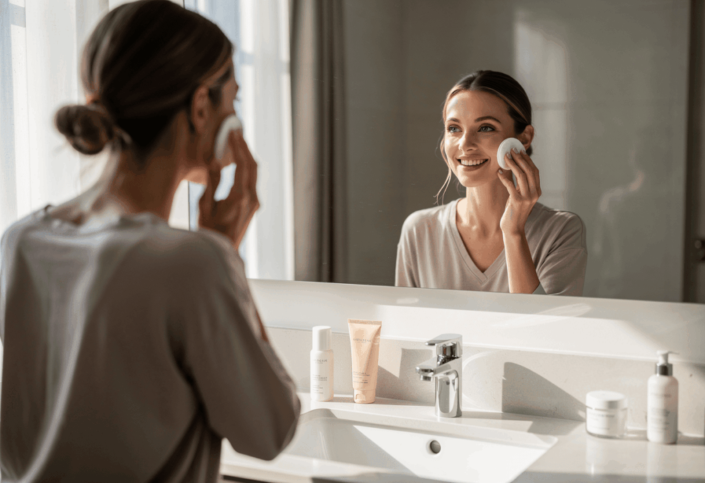 Une personne utilisant une eau micellaire