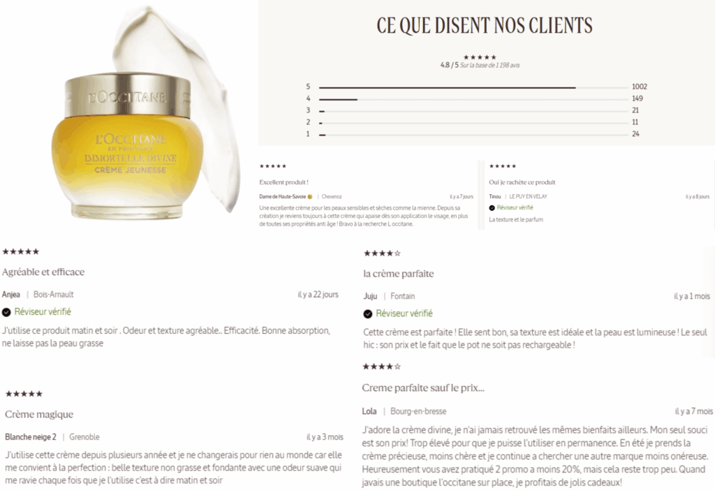 avis des clients sur la crème immortelle l'occitane