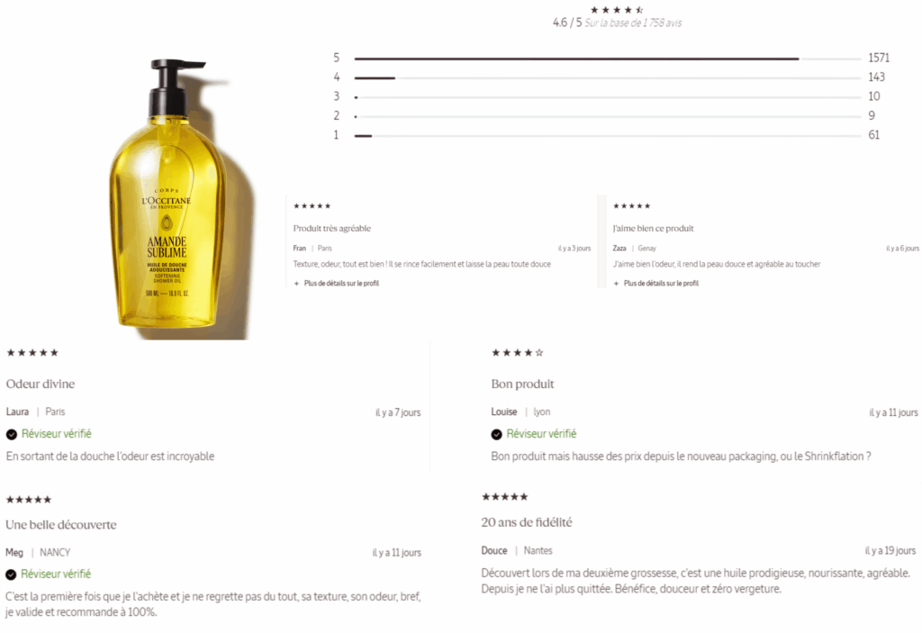 avis des clients sur l'huile de douche L'occitane