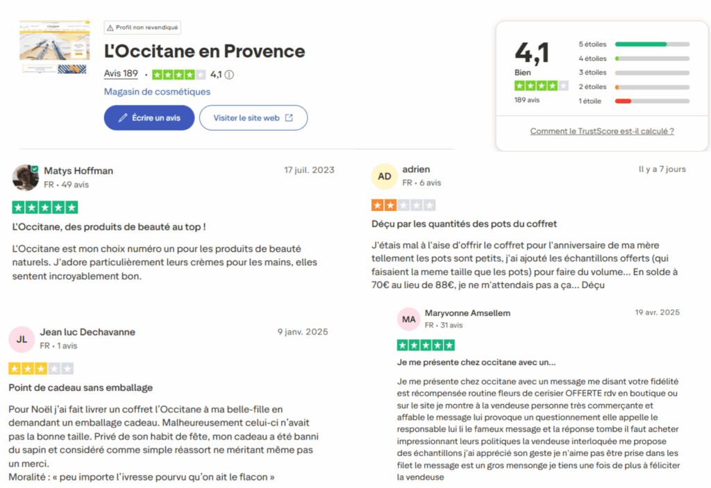 avis des clients sur l'occitane en provence