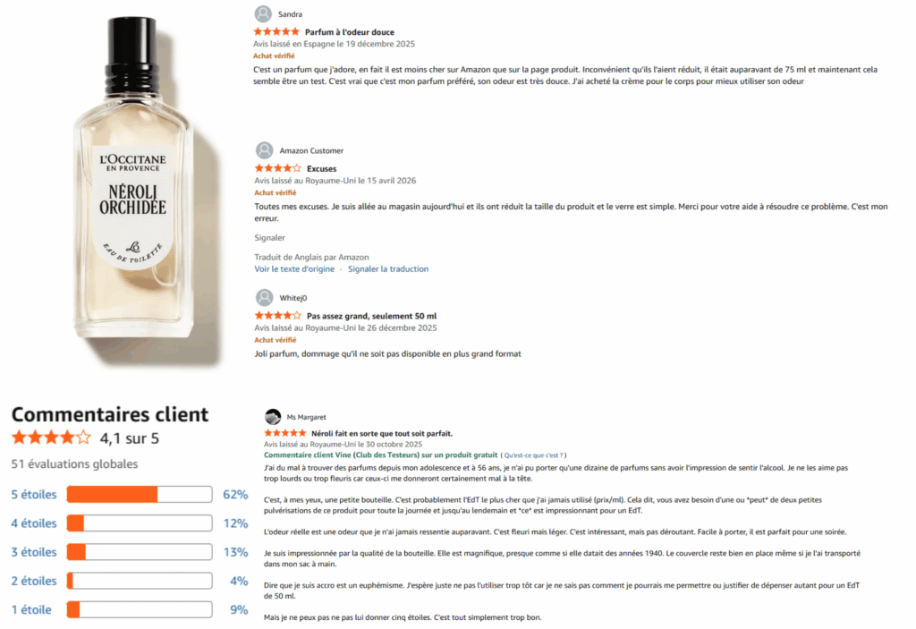 avis des clients sur néroli et orchidée l'occitane