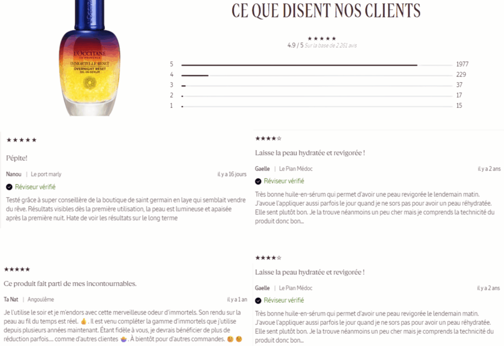 avis des clients sur sérum immortelle l'occitane