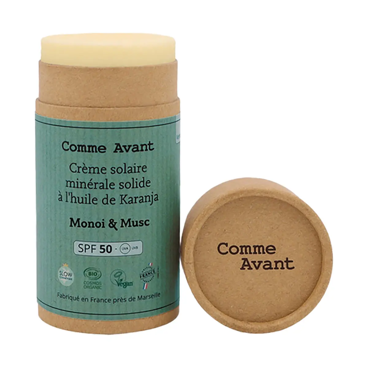 Comme Avant Crème solaire solide SPF50 monoï musc bio zéro déchet