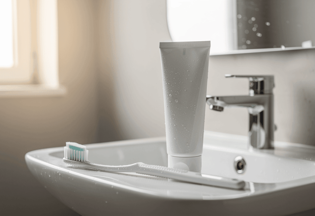dentifrice horace posé sur un lavabo moderne en bois clair