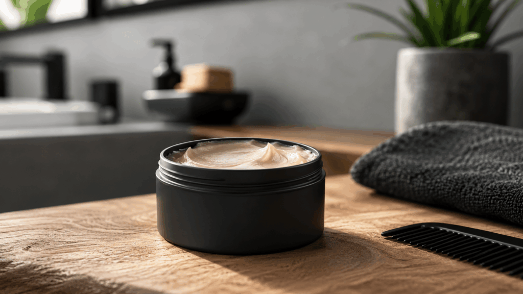 le pot de cire horace coiffante au design minimaliste posé sur un plan de travail en bois