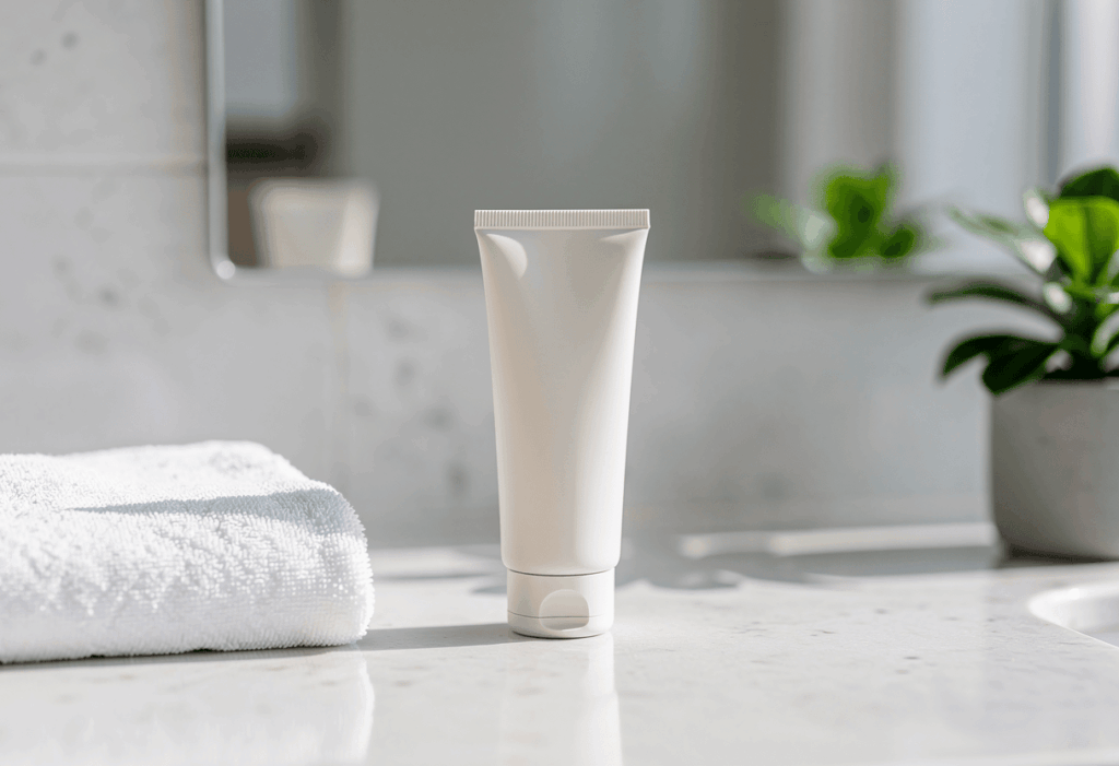 nettoyant visage horace posé sur un plan de travail de salle de bain moderne