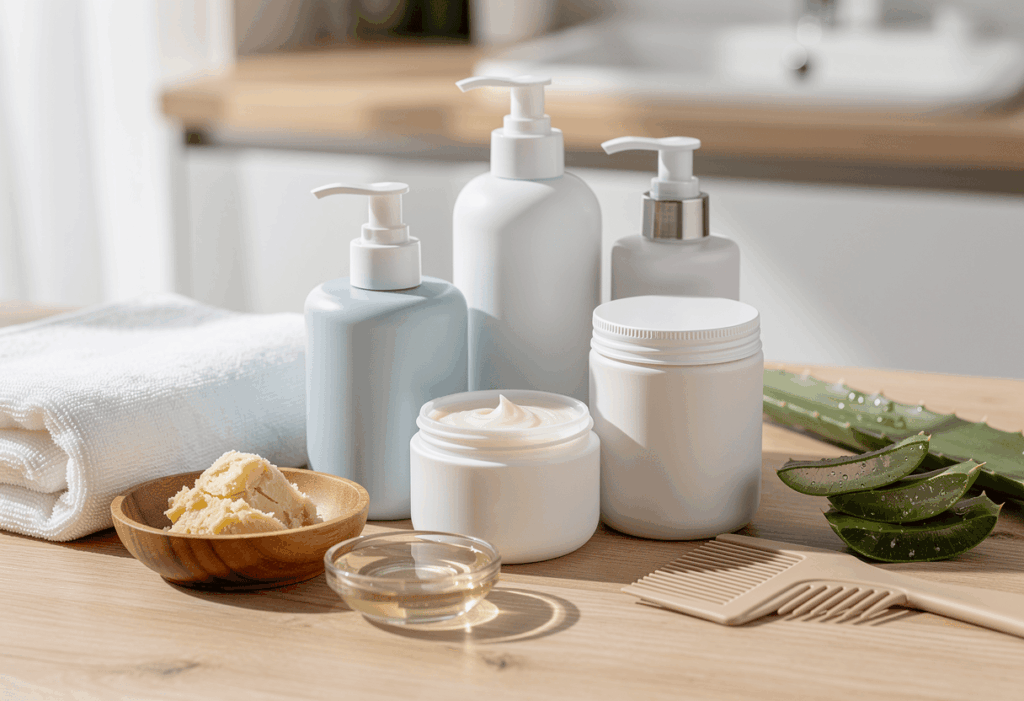 plusieurs pots et flacons de crèmes sans rinçage pour cheveux bouclés, sans marque visible