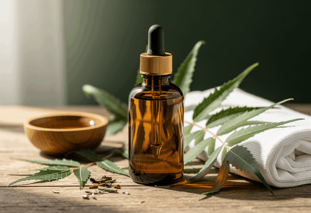 un flacon d'huile de neem ambré avec pipette