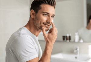 un homme appliquant délicatement un contour des yeux hydratant horace