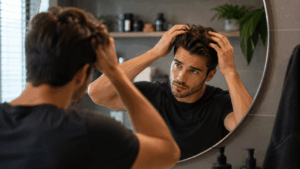un homme appliquant sa cire horace sur ses cheveux devant un miroir dans une salle de bain contemporaine