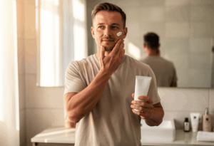 un homme appliquant sa crème horace