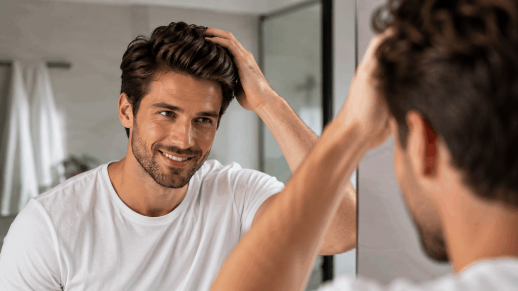 un homme aux cheveux propres, brillants et en bonne santé, se coiffant devant un miroir dans une salle de bain moderne