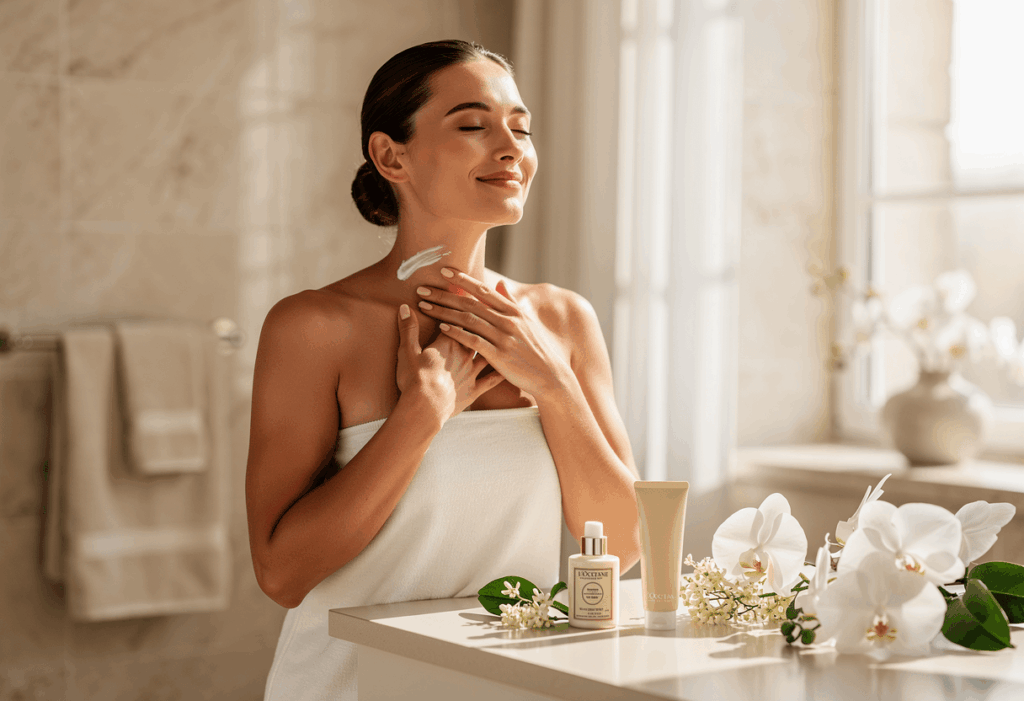 une femme appliquant le soin Néroli & Orchidée L'Occitane dans une salle de bain lumineuse ou une chambre élégante