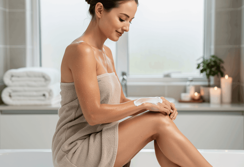 une femme appliquant un lait hydratant sur ses bras ou ses jambes après la douche