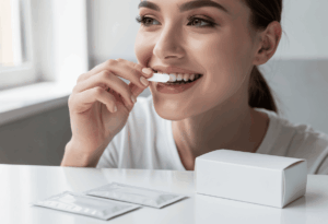 une personne appliquant des bandes de blanchiment dentaire sur ses dents