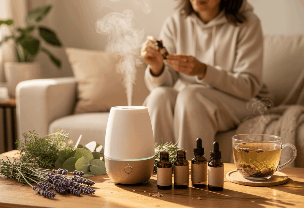 une personne utilisant des huiles essentielles dans une routine bien-être à domicile