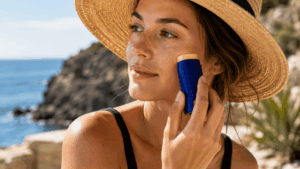 Application du stick solaire sur le visage