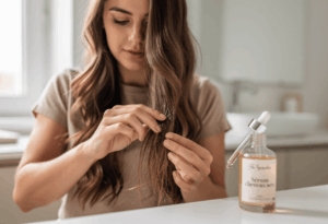 Application d'un sérum sur des cheveux secs et abîmés