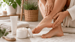 Application d’une crème réparatrice sur les pieds