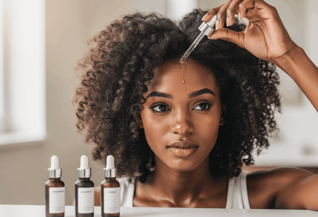Femme appliquant un sérum sur cheveux afro