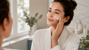 Femme avec une peau apaisée et hydratée
