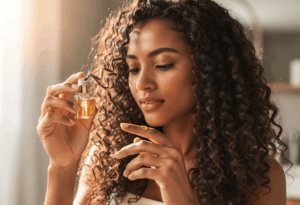Femme utilisant le sérum sur ses boucles