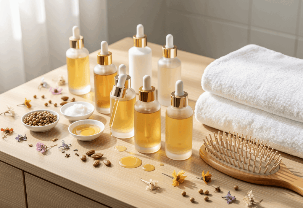 Plusieurs flacons de sérums capillaires haut de gamme disposés sur une coiffeuse en bois clair