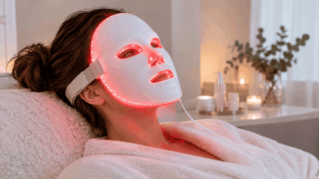 Une femme utilisant le masque LED