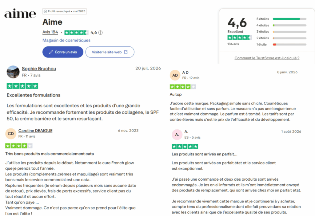 avis des clients sur aime skincare