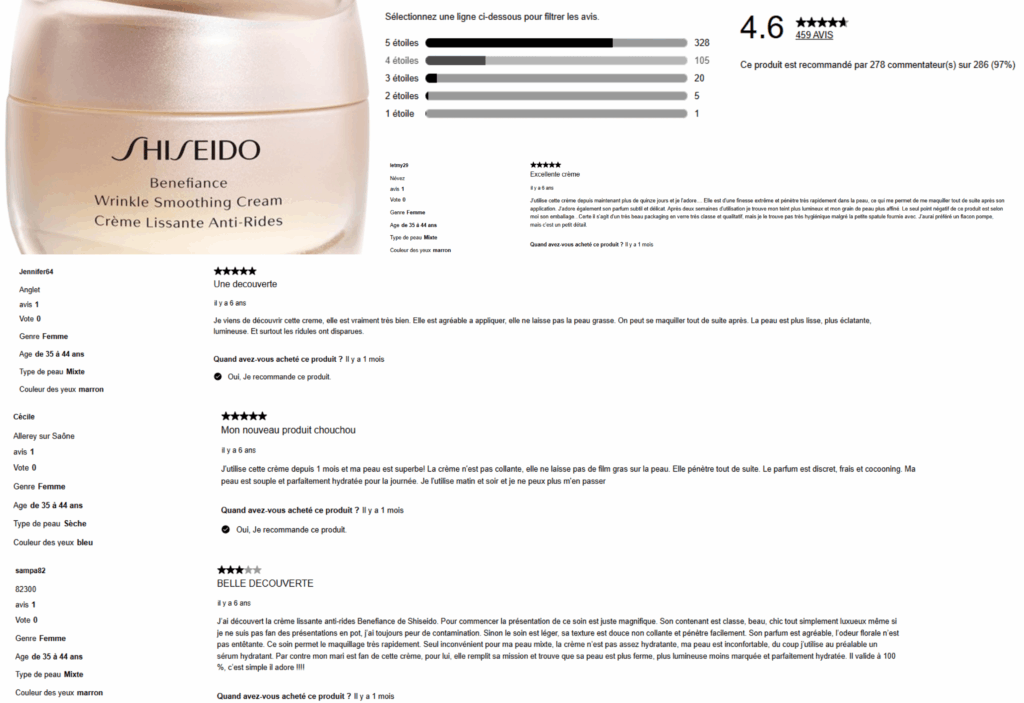 avis des clients sur benefiance shiseido