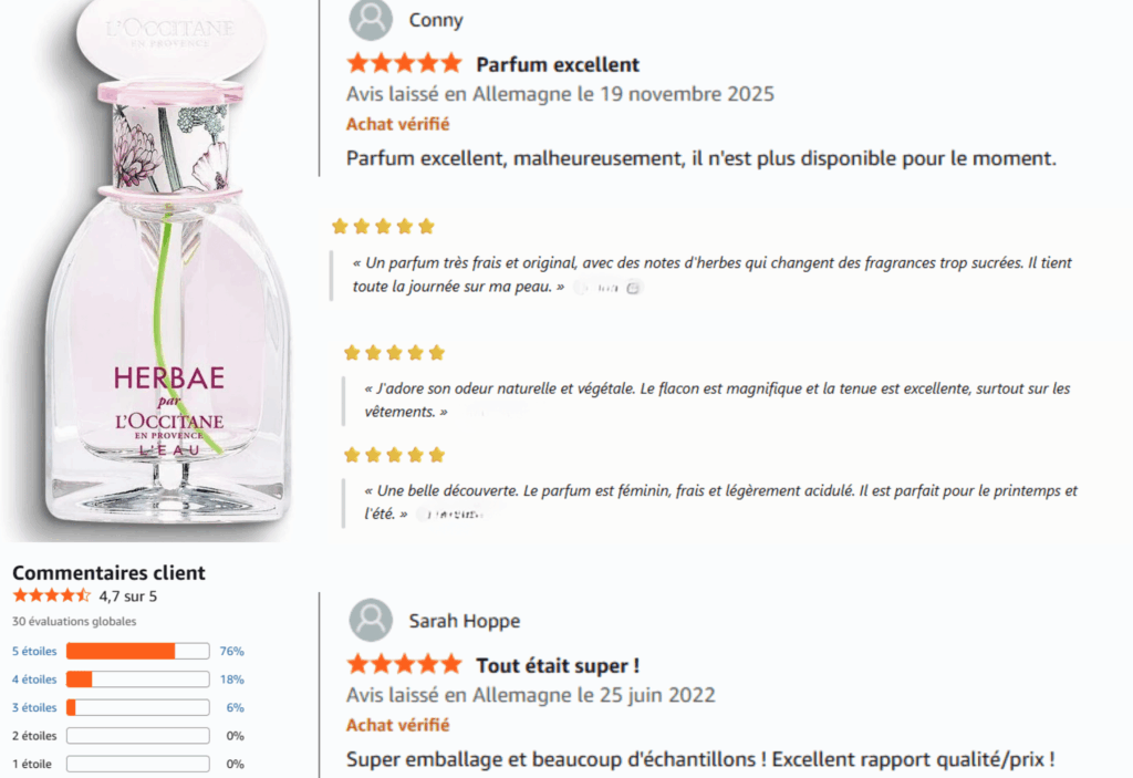 avis des clients sur herbae l'occitane