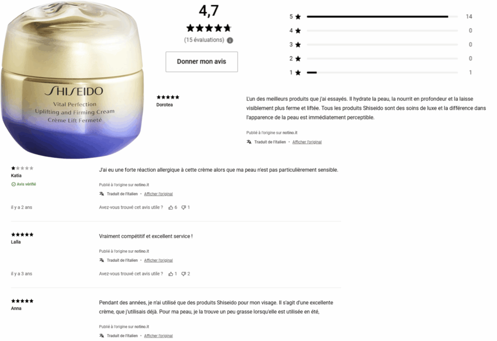 avis des clients sur le shiseido crème anti-Âge