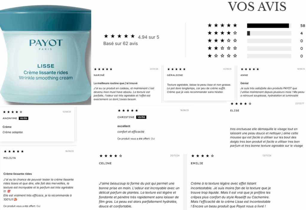avis des clients sur payot crème lissante rides